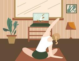 Mädchen ausüben beim Zuhause und Aufpassen online Tutorials auf Laptop. modern Illustration von ein Frau tun Yoga im das Leben Zimmer. Pilates online Klasse, Kurs, Quarantäne. Illustration zum Netz Plattform vektor