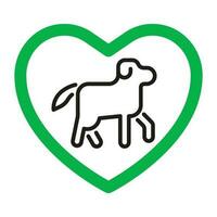 Hund freundlich, Haustier erlaubt, Zeichen Liebe Tier. Hund Favorit. Eckzahn im Grün genehmigt Herz. Vektor Illustration