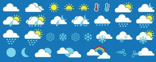 väder prognos ikon uppsättning, väder platt ikoner samling. meteorologi symboler vektor illustration.