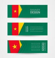 uppsättning av tre horisontell banderoller med flagga av Kamerun. webb baner design mall i Färg av cameroon flagga. vektor