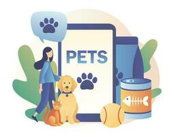 online Haustiere Pflege Dienstleistungen. winzig Mädchen mit Hund und Katze. Haustier Geschäft. modern eben Karikatur Stil. Vektor Illustration auf Weiß Hintergrund