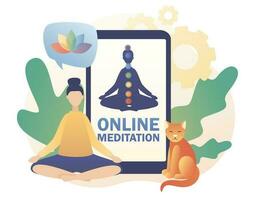 online Meditation Konzept. winzig Frau Sitzung im Lotus Pose. bunt 9 Chakren. Yoga online, entspannen, Erholung, gesund Lebensstil. modern eben Karikatur Stil. Vektor Illustration auf Weiß Hintergrund