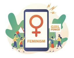 flicka kraft och feminism begrepp. kvinna kön symbol. mycket liten kvinnor med stor smartphone, baner, posters och megafon. modern platt tecknad serie stil. vektor illustration på vit bakgrund