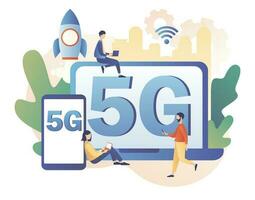 mycket liten människor använda sig av gadgetar med brev 5g på skärm. 5g nätverk trådlös teknologi. sim kort hög hastighet internet. modern platt tecknad serie stil. vektor illustration på vit bakgrund