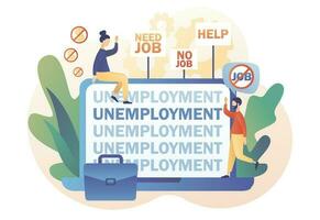 Arbeitslosigkeit - - Text auf Laptop Bildschirm. wirtschaftlich Krise, Geschäft geschlossen, Arbeitsplatz Verkürzung. Sozial Problem Konzept. winzig Menschen arbeitslos suchen zum Arbeit. modern eben Karikatur Stil. Vektor