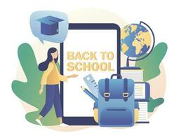 zurück zu Schule. winzig Mädchen mit Smartphone Anwendung, Rucksack, lehrreich Werkzeug, Schule Schreibwaren, Globus und Bücher. Bildung Konzept. modern eben Karikatur Stil. Vektor Illustration auf Weiß Hintergrund