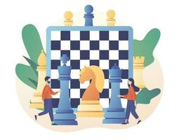 schack spel. schack bitar. mycket liten människor spelar och vinnande. företag strategi. lagarbete och konkurrens. styrelse spel. modern platt tecknad serie stil. vektor illustration på vit bakgrund