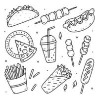 klotter uppsättning av gata mat - taco, burrito, varm hund, pizza, franska pommes frites, kebab, majs hund och dango. snabb mat ClipArt. vektor ritad för hand illustration. perfekt för olika mönster, kort, logotyp, meny.