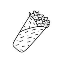 Burrito isoliert auf Weiß Hintergrund. traditionell Mexikaner schnell Essen, Straße Essen Snack. Vektor handgemalt Illustration im Gekritzel Stil. perfekt zum verschiedene Entwürfe, Karten, Logo, Speisekarte.