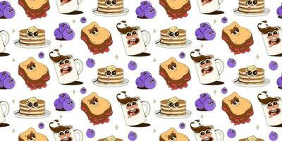 nahtlos Muster mit komisch Karikatur Essen Figuren. Kaffee, Pfannkuchen, Toast mit Marmelade, Blaubeeren. modisch retro groovig Stil. Vektor Hintergrund.