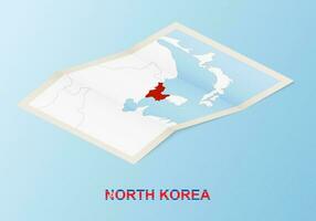 vikta papper Karta av norr korea med angränsande länder i isometrisk stil. vektor