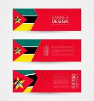 einstellen von drei horizontal Banner mit Flagge von Mosambik. Netz Banner Design Vorlage im Farbe von Mozambique Flagge. vektor