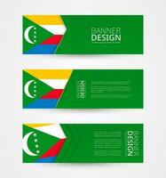 einstellen von drei horizontal Banner mit Flagge von Komoren. Netz Banner Design Vorlage im Farbe von Komoren Flagge. vektor