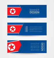 einstellen von drei horizontal Banner mit Flagge von Norden Korea. Netz Banner Design Vorlage im Farbe von Norden Korea Flagge. vektor