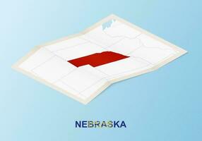 vikta papper Karta av Nebraska med angränsande länder i isometrisk stil. vektor