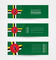 einstellen von drei horizontal Banner mit Flagge von Dominika. Netz Banner Design Vorlage im Farbe von Dominica Flagge. vektor