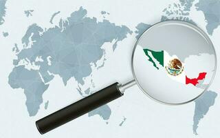 Asien zentriert Welt Karte mit vergrößert Glas auf Mexiko. Fokus auf Karte von Mexiko auf Pazifikzentriert Welt Karte. vektor
