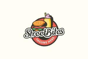 Straße beißt Logo mit ein Kombination von schön Beschriftung, Burger und Getränke vektor