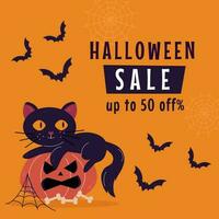halloween försäljning baner med en svart katt på en pumpa vektor