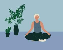 ein Alten Charakter ist tun Yoga, meditieren im ein Zimmer mit Zimmerpflanze. ein Ruhe Erwachsene Frau sitzt auf im Lotus Position Übungen im Harmonie mit Sie selber, gesund Lebensstil Karikatur Vektor Illustration