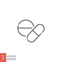 piller ikon. enkel översikt stil. läsplatta, runda piller, medicinsk apotek, medicin, korsa tecken, hälsa begrepp. tunn linje symbol. vektor illustration isolerat på vit bakgrund. redigerbar stroke eps 10.