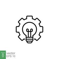 Glödlampa i redskap ikon. enkel översikt stil. glödlampa med kugge, kreativ, innovation energi, teknologi begrepp. tunn linje symbol. vektor illustration isolerat på vit bakgrund. eps 10.