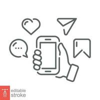 hand innehav telefon med meddelande, social media ikon. enkel översikt stil. håll smartphone, chatt app begrepp. tunn linje symbol. vektor illustration isolerat på vit bakgrund. redigerbar stroke eps 10.