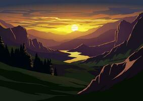 berg solnedgång landskap med dal och flod vektor