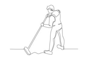 ein Hausmeister fegen ein schmutzig Fußboden vektor