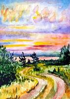 Hand gezeichnet Aquarell Illustration Fluss und Feld Landschaft beim das lila und Rosa Sonnenuntergang vektor