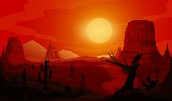 kväll solnedgång mexikansk öken- landskap, kaktus vektor