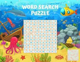 Wort Suche Puzzle Spiel mit unter Wasser Welt vektor