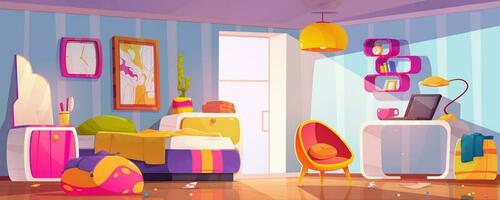 unordentlich Schlafzimmer mit unordentlich Bett, Chaos und Unordnung vektor
