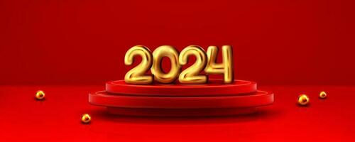 golden 2024 Zahlen auf rot runden Podium vektor