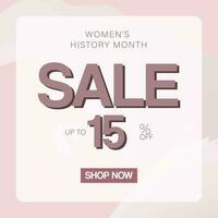 kvinnors historia månad försäljning upp till 15 av affär nu baner. berömd i Mars. rosa försäljning tecken med rosa och vit bakgrund. vektor illustration