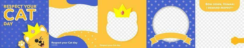 respekt din katt dag hälsning kort och ram uppsättning. kattformad ramar med krona. redigerbar vektor illustration. eps 10.