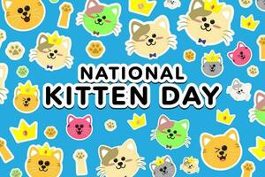 söt och roligt nationell kattunge dag baner, berömd på juli 10:e. mönster av söt tecknad serie katter, kattungar, katt tassar, och krona. redigerbar vektor illustration. eps 10.