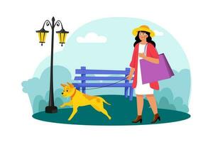 en kvinna tar henne hund för en morgon- promenad i de grannskap parkera. vektor