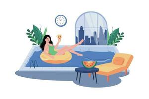 ein Frau genießt ein Morgen schwimmen im das Hotel Schwimmbad während ihr Urlaub. vektor