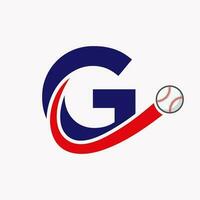 Buchstabe g Baseball-Logo-Konzept mit beweglicher Baseball-Icon-Vektorvorlage vektor