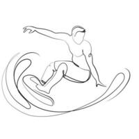 Mann auf Surfbrett Reiten ein Welle Vektor Illustration.Surfer Reiten das Wellen, Liner Zeichnung schwarz und Weiß Farbe Zeichnung.Logo, Emblem, Druck Poster Design