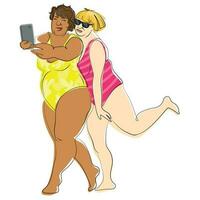 två positiv senor damer annorlunda hud färger, i ljus baddräkter ta selfie på de strand vektor illustration.modern äldre människor, mormödrar ha roligt tillsammans.farmödrar sommar semester