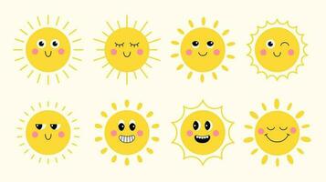 Sammlung von süß groovig Karikatur Sonne Figuren. komisch Gesichter mit leuchtenden Licht Strahlen im eben Stil. vektor