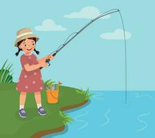 söt liten flicka fiske på de flod innehav en fiske stång vektor