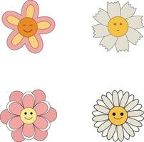 groovig Blume retro. komisch glücklich Gänseblümchen mit Augen und lächeln. isoliert Vektor Illustration. Hippie 60er, 70er Jahre Stil.Vektor Profi