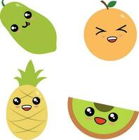 söt frukt, Lycklig söt uppsättning av leende frukt ansikten. vektor uppsättning av platt tecknad serie illustration ikoner.för design dekoration illustration