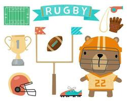 vektor illustration av tecknad serie Björn i rugby jersey med rugby element