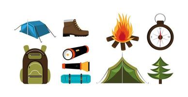 Bündeln Sie Ausrüstung Camping Set Icons vektor