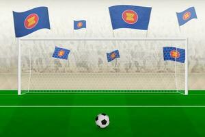 asean Fußball Mannschaft Fans mit Flaggen von asean Jubel auf Stadion, Strafe trete Konzept im ein Fußball passen. vektor