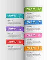 Infografik Etiketten im das Buch Design Vorlage. Zeitleiste mit 7 Schritte zu Erfolg. Geschäft Präsentation. Vektor Illustration.
